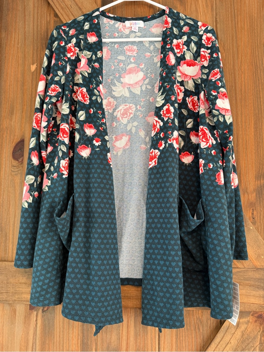 LuLaRoe Teal Floral Open Cardigan with Pink Roses